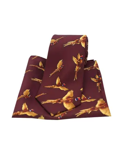 Hankie - Soprano Flying Pheasants Wine Ground Country Silk Tie And Pocket Square-ST-TPSNOV308 | Soprano Ties ST TPSNOV308 Si