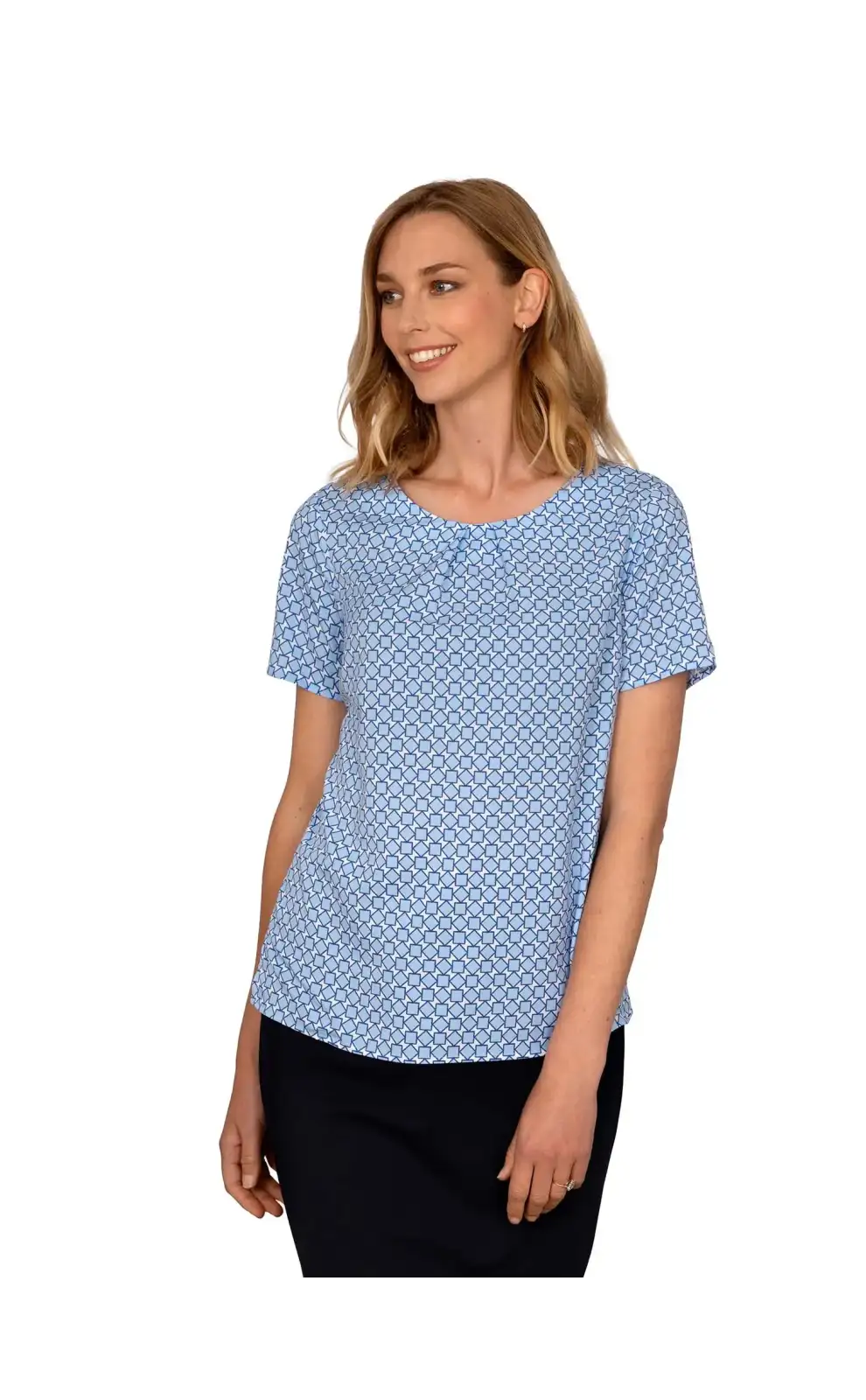 Tops Vortex Designs Molly Sky Blue Geo Print Tuck Neck-VD-9340911190337 £26.00