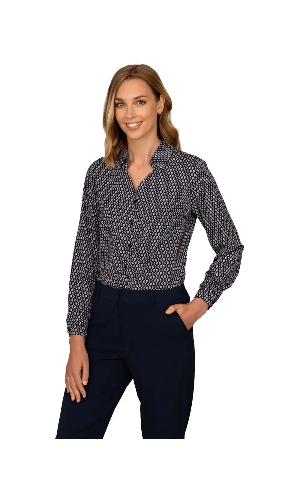Blouses Vortex Designs Emma Navy Blue Button Down Long Sleeve-VD-9253767217473 £41.00