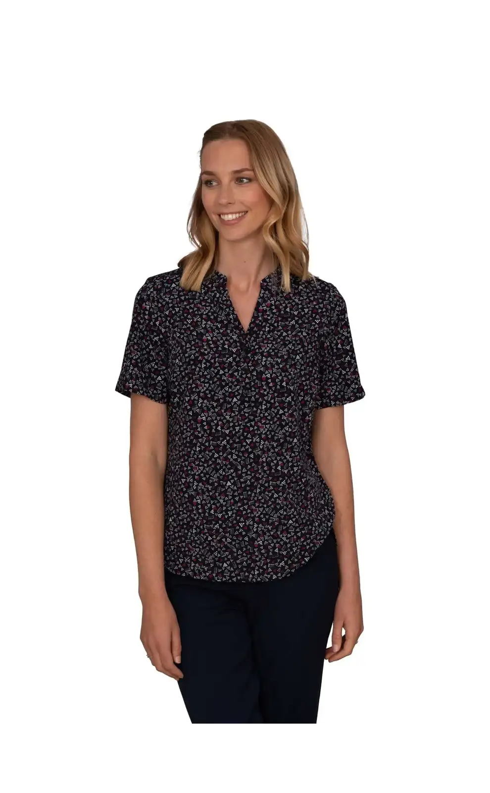 Tops Vortex Designs Jewel Red 3 Button Neck Short Sleeve-VD-9075262947649 £26.00