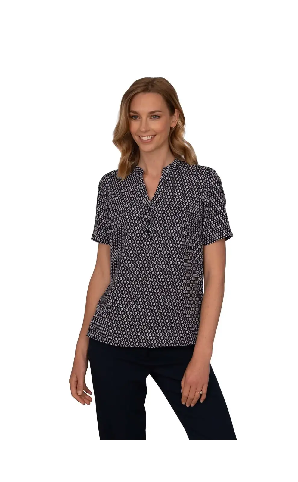 Tops Vortex Designs Beth Navy 3 Button Neck Short Sleeve £28.00