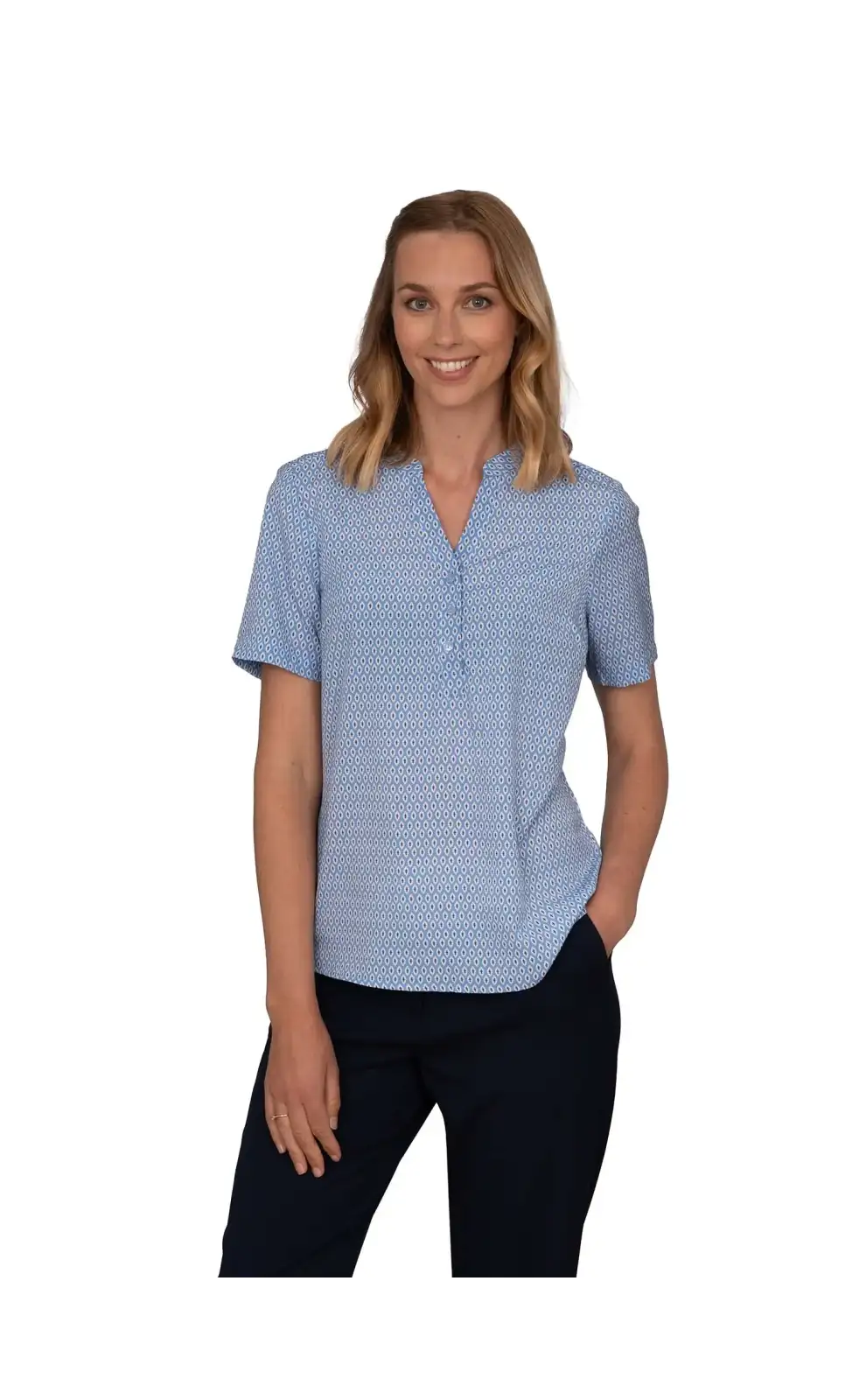 Tops Vortex Designs Beth Sky 3 Button Neck Short Sleeve-VD-9073643159873 £26.00