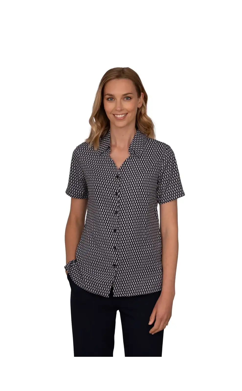Blouses Vortex Designs Emma Navy Button Down Short Sleeve-VD-9002245849409 £26.00