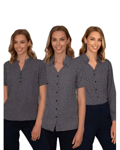 Blouses Vortex Designs Emma Navy Button Down Short Sleeve-VD-9002245849409 £26.00