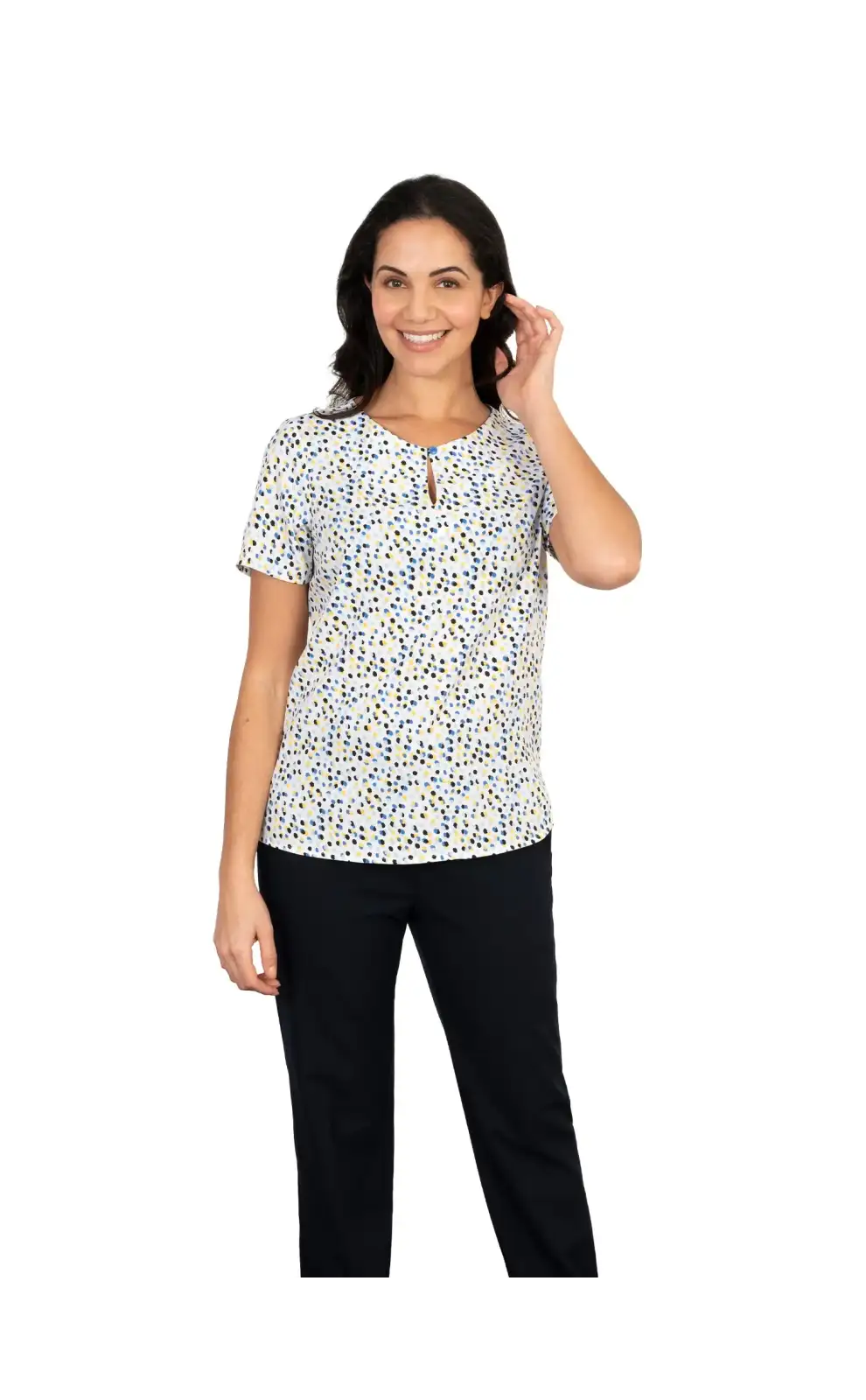 Tops Vortex Designs Paige Yellow Blue Button Neck Short Sleeve-VD-9001476063553 £26.00