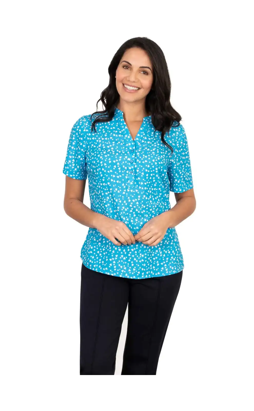 Tops Vortex Designs Bella Blue 3 Button Neck Short Sleeve £28.00