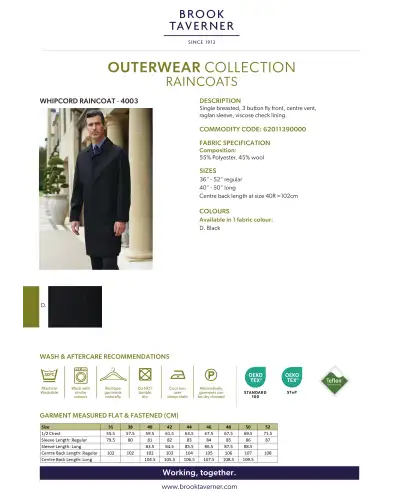 Raincoats Brook Taverner Whipcord Coat D - Black £150.00