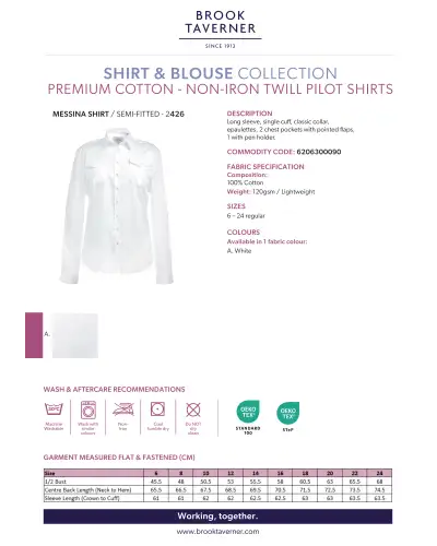 Blouses Brook Taverner Messina Non-Iron Pilot Shirt A - White £32.00