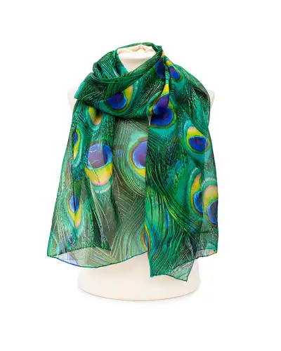 Scarves Fox and Chave Peacock Feathers Teal Silk Chiffon Scarf £39.00