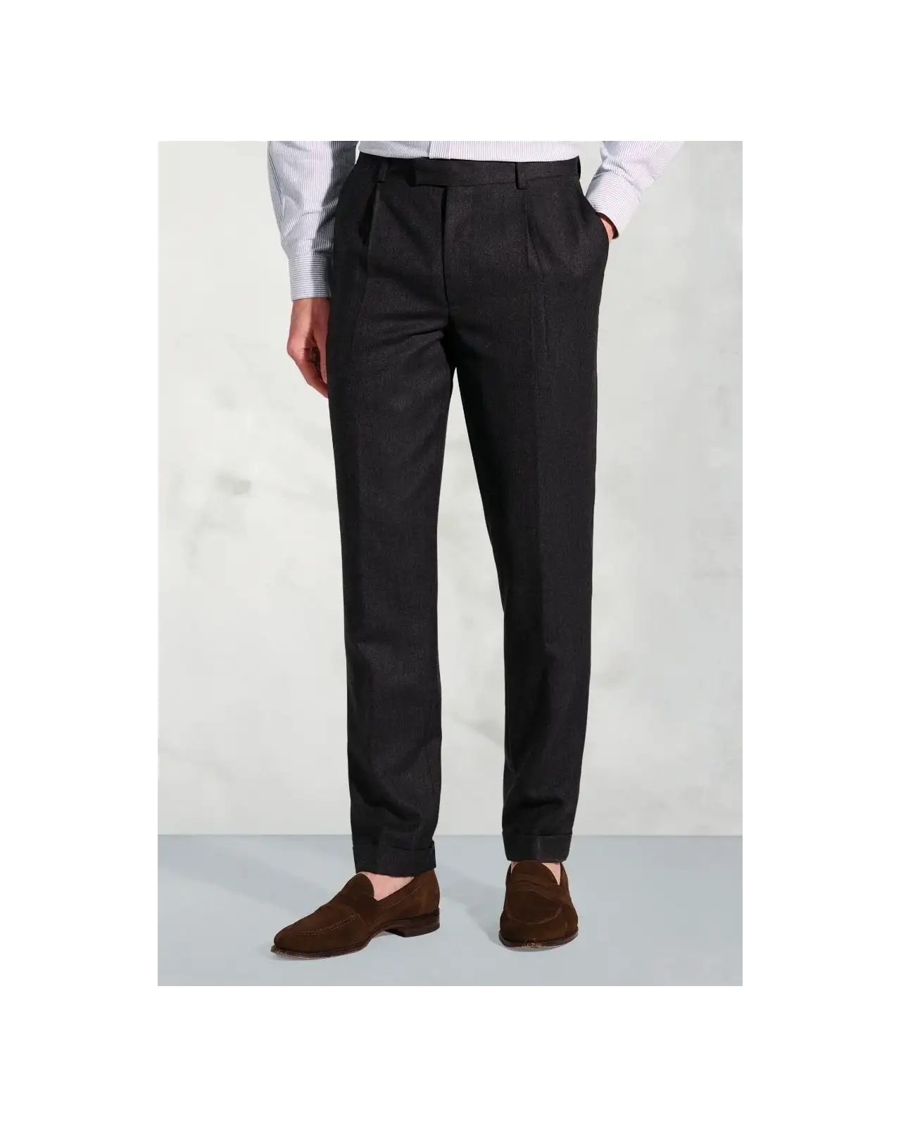 Trousers Brook Taverner Mcilroy Charcoal Single Pleat Turn-Up Pure Wool Trousers-BT-8074AT £80.00