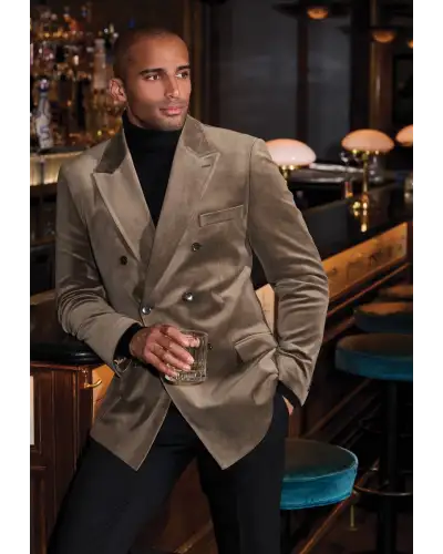 Jackets Brook Taverner Tailored Fit Carlin Taupe Velvet Double Breasted Jacket-BT-5471AT £134.00
