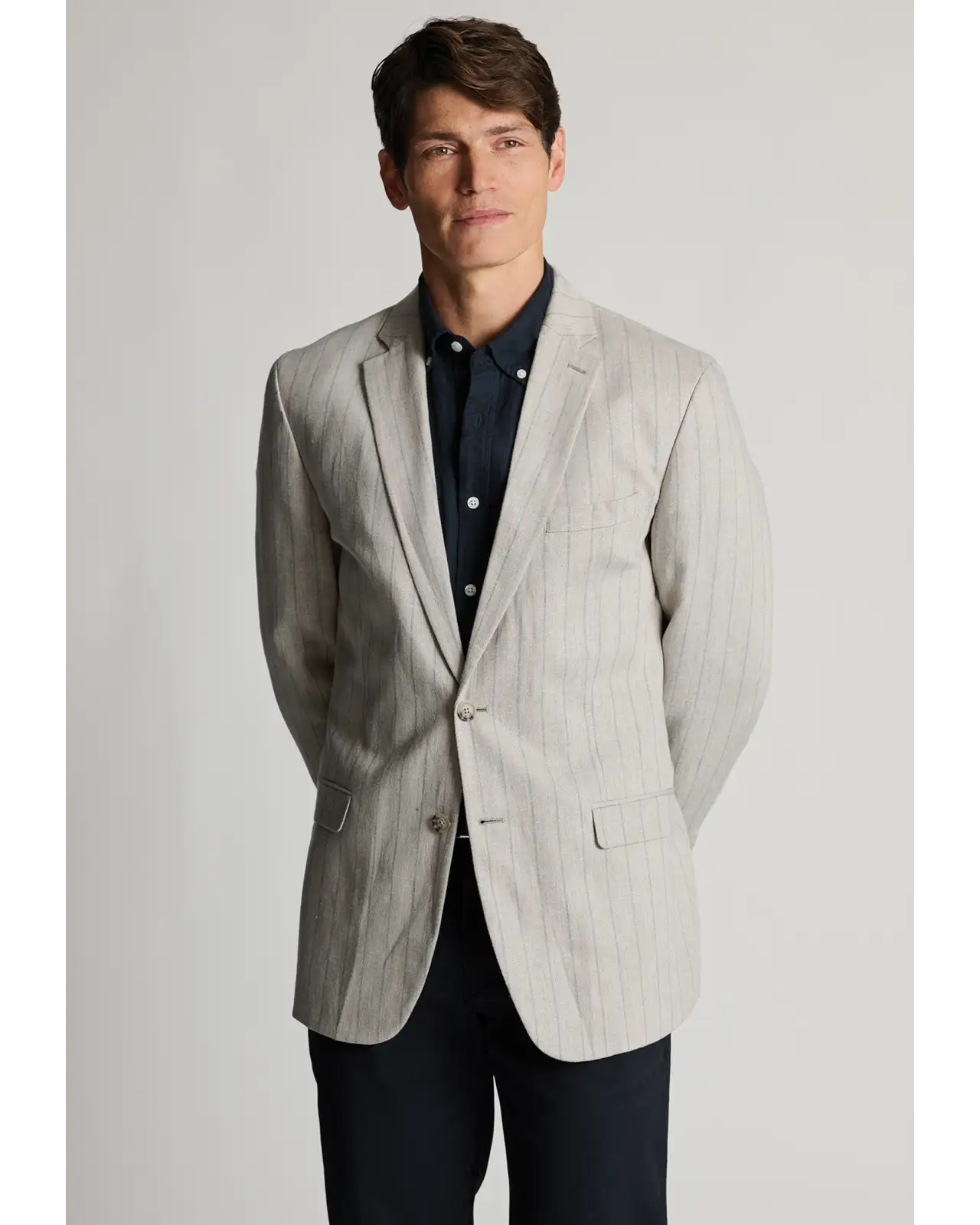 Jackets Brook Taverner Regular Fit Embsay Oatmeal Wide Butchers Stripe Cotton Linen Jacket-BT-5486AR £116.00