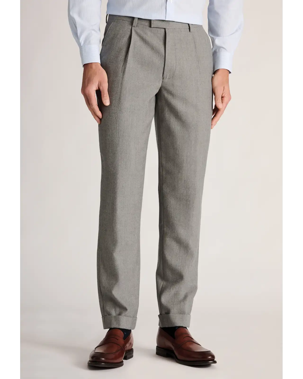 Fit Trousers Brook Taverner Tapered Fit Mcilroy Taupe Pleat Front Turn Up Wool Trousers-BT-8074CT £80.00
