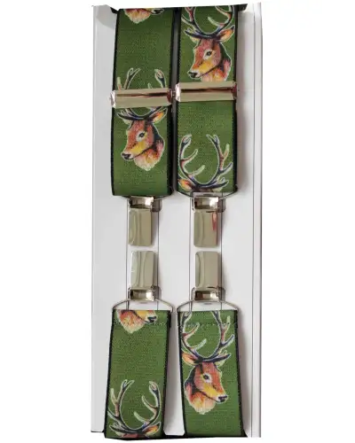 Braces Soprano Ties Green Stags Head Trouser Brace 35Mm Wide Elastic X Back 4 Clip Braces £23.00