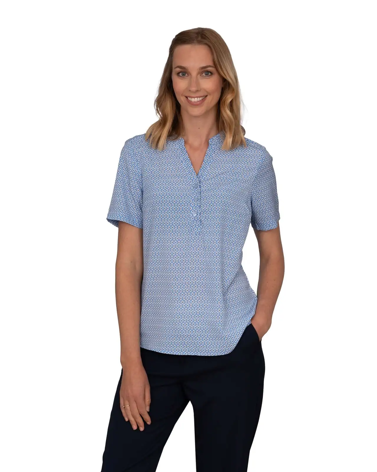 Tops Vortex Designs Beth Sky 3 Button Neck Short Sleeve £28.00