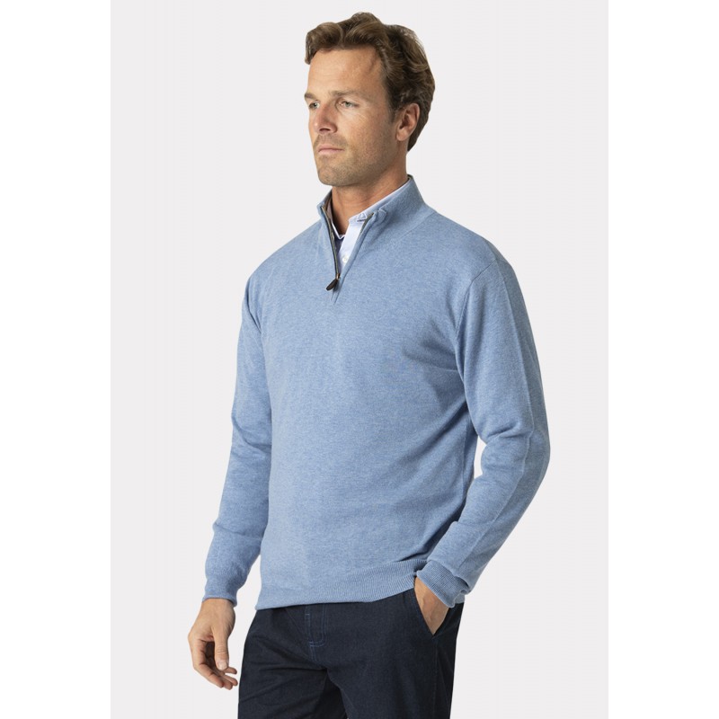 Jumpers Brook Taverner Sussex Sky Blue Cotton Merino Zip Neck Jumper £54.00