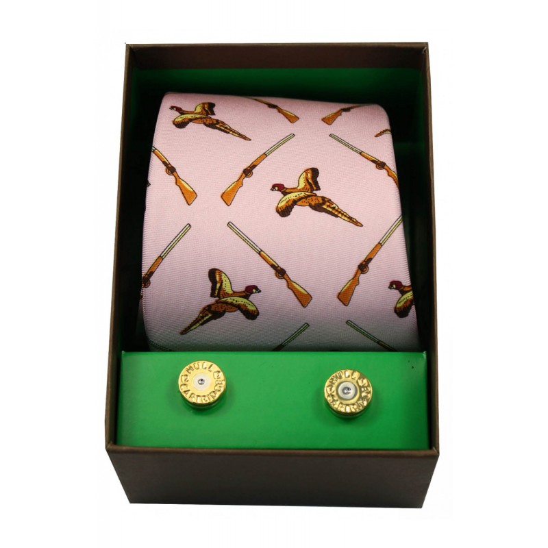 Cufflinks Soprano Ties Pink Flying Pheasants and Shotguns Tie and Cufflink Set £40.00