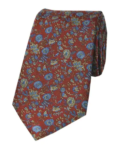 Silk Ties Soprano Ties Soprano Dark Autumn Rust Silk Tie With Bronze And Blue Small Flowers £22.00