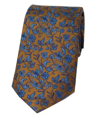 Silk Ties Soprano Ties Soprano Dark Gold With Small Blue Flowers Silk Tie £24.00