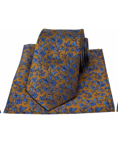 Soprano Dark Gold With Small Blue Flowers Silk Tie &amp; Pocket Square | Soprano Ties ST TPSWST83 Silk Hankie