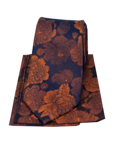 Soprano Brown And Burnt Orange Large Flowers Silk Tie And Hanky Set | Soprano Ties ST TPSYWSN53 Silk Hankie