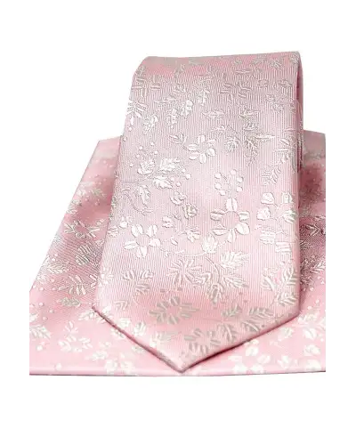 Soprano Pastel Pink With Ivory Flowers Silk Tie And Pocket Square | Soprano Ties ST TPSYWRS016 Silk Hankie
