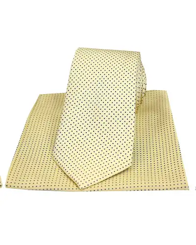 Yellow With Black Pin Dot Silk Tie And Pocket Square | Soprano Ties ST TPSWS9108 Silk Hankie