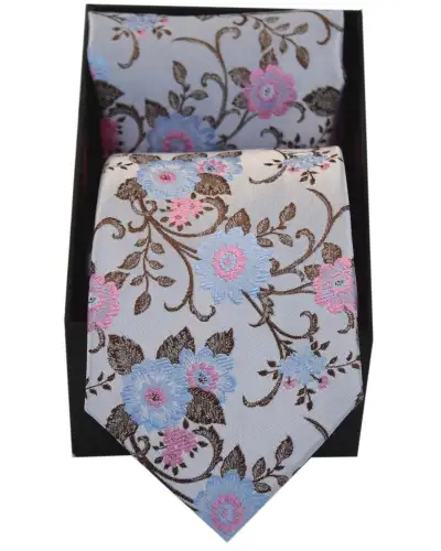 Silk Hankies Soprano Ties Soprano Silver With Fuchsia And Blue Flowers Silk Tie and Hanky In A Presentation Box £38.00