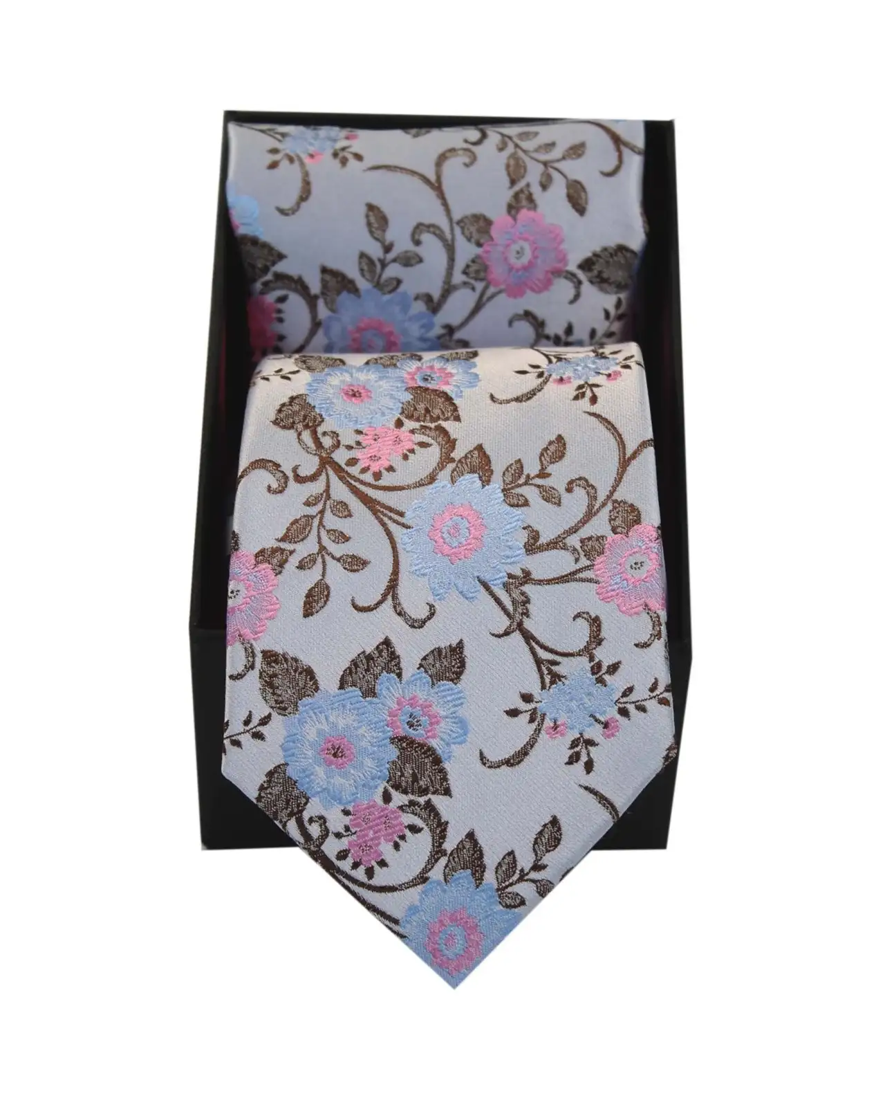 Silk Hankies Soprano Ties Soprano Silver With Fuchsia And Blue Flowers Silk Tie and Hanky In A Presentation Box £38.00