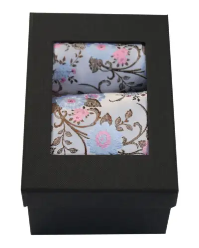 Silk Hankies Soprano Ties Soprano Silver With Fuchsia And Blue Flowers Silk Tie and Hanky In A Presentation Box £38.00