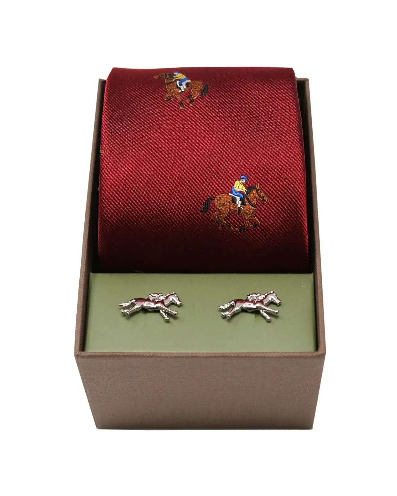 Cufflinks Soprano Ties Horse Racing Theme On Burgundy Ground Tie and Cufflink Set £40.00