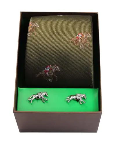 Cufflinks Soprano Ties Horse Racing Theme On Green Ground Tie Cufflink Set £40.00