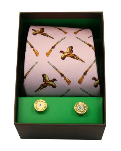 Cufflinks Soprano Ties Pink Flying Pheasants and Shotguns Tie and Cufflink Set £40.00