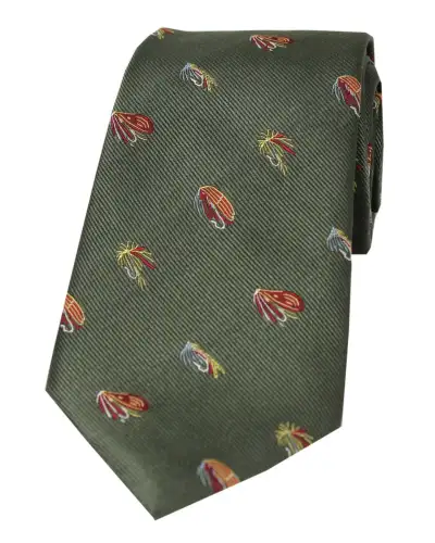 Silk Ties Soprano Ties Soprano Fishing Flies On Country Green Ground Country Silk Tie £24.00