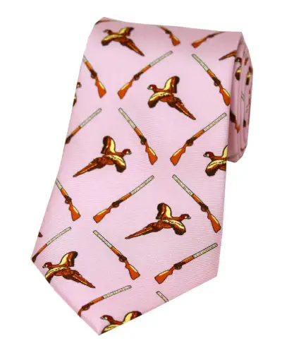 Silk Ties Soprano Ties Soprano Pink Printed Silk Flying Pheasant With Shotguns Country Silk Tie £23.00