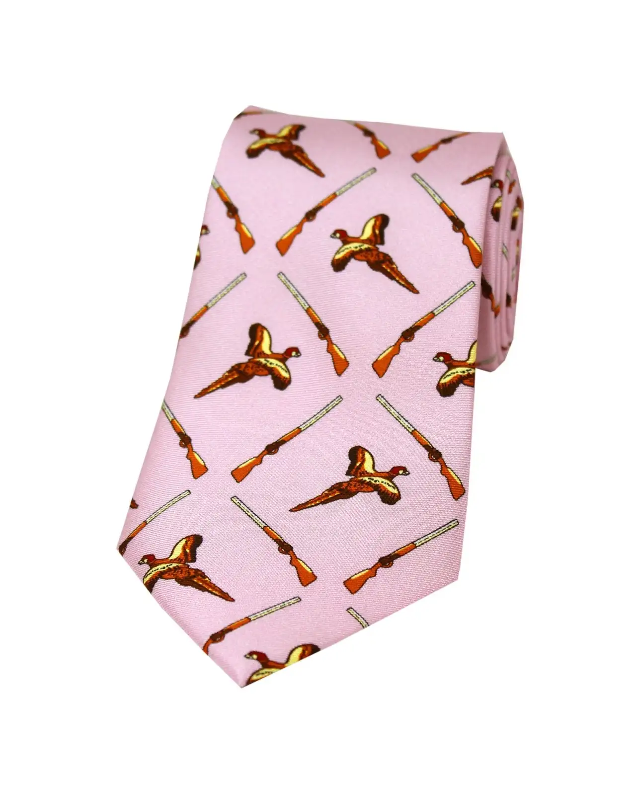 Silk Ties Soprano Ties Soprano Pink Printed Silk Flying Pheasant With Shotguns Country Silk Tie £23.00