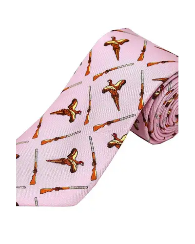 Silk Ties Soprano Ties Soprano Pink Printed Silk Flying Pheasant With Shotguns Country Silk Tie £23.00