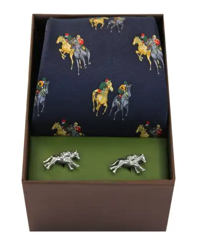 Gift Sets Soprano Ties Navy Horse Racing Theme Tie And Cufflink Set £40.00