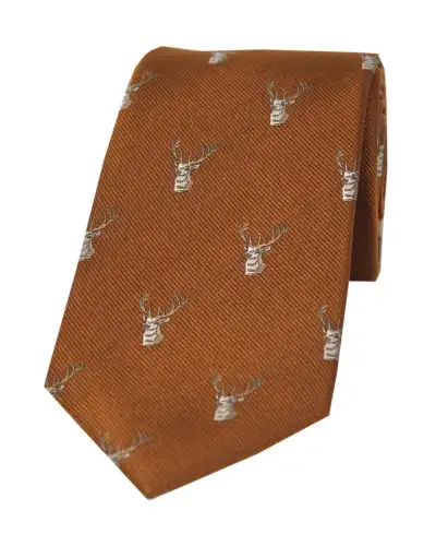 Silk Ties Soprano Ties Soprano Stags Heads On Brown Rust Ground Country Silk Tie £24.00