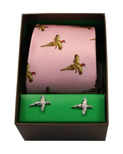 Cufflinks Soprano Ties Pink Flying Pheasants Silk Tie and Cufflink Set £40.00