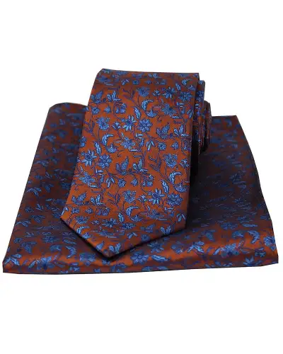 Silk Hankies Soprano Ties Soprano Burnt Orange With Small Blue Flowers Silk Tie And Pocket Square £34.00