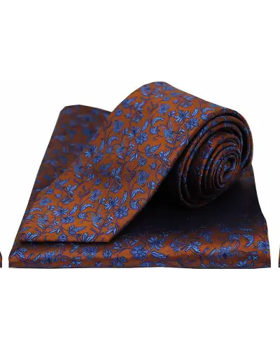 Silk Hankies Soprano Ties Soprano Burnt Orange With Small Blue Flowers Silk Tie And Pocket Square £34.00