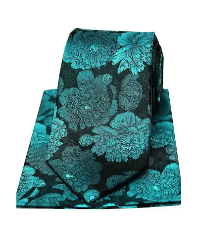 Soprano Turquoise And Teal Large Flowers Silk Tie And Hanky Set | Soprano Ties ST TPSYWSN52 Silk Hankie