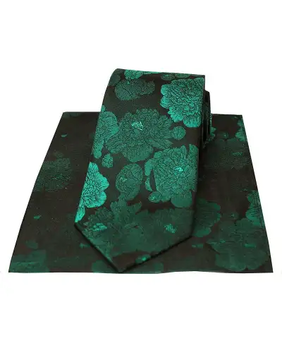 Soprano Shades Of Green Large Flowers Silk Tie And Pocket Square | Soprano Ties ST TPSWST80 Silk Hankie