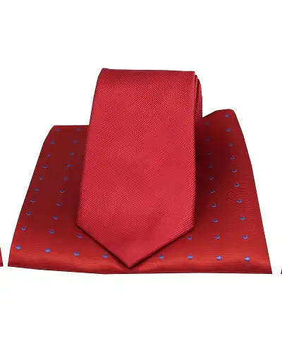 Soprano Plain Red Silk Tie With Polka Dot Silk Hanky | Soprano Ties ST TPS0473 Silk Hankie