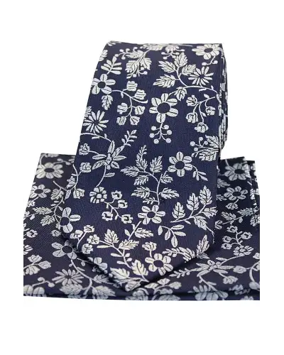 Soprano Navy With White Flowers Silk Tie And Hanky Set | Soprano Ties ST TPSYWRS01 Silk Hankie
