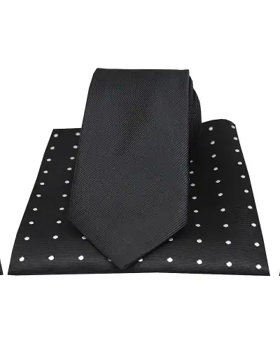 Soprano Plain Black Silk Tie With Polka Dot Silk Hanky | Soprano Ties ST TPS0472 Silk Hankie