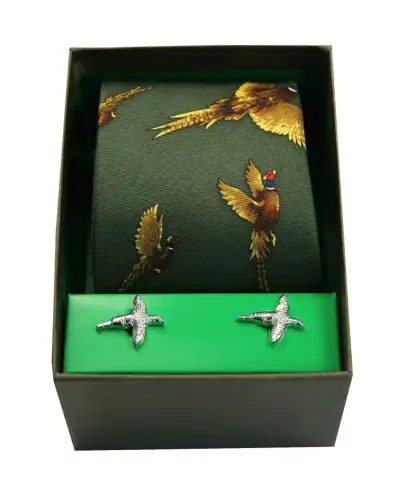 Cufflinks Soprano Ties Green Flying Pheasants Silk Tie and Cufflink Set £40.00