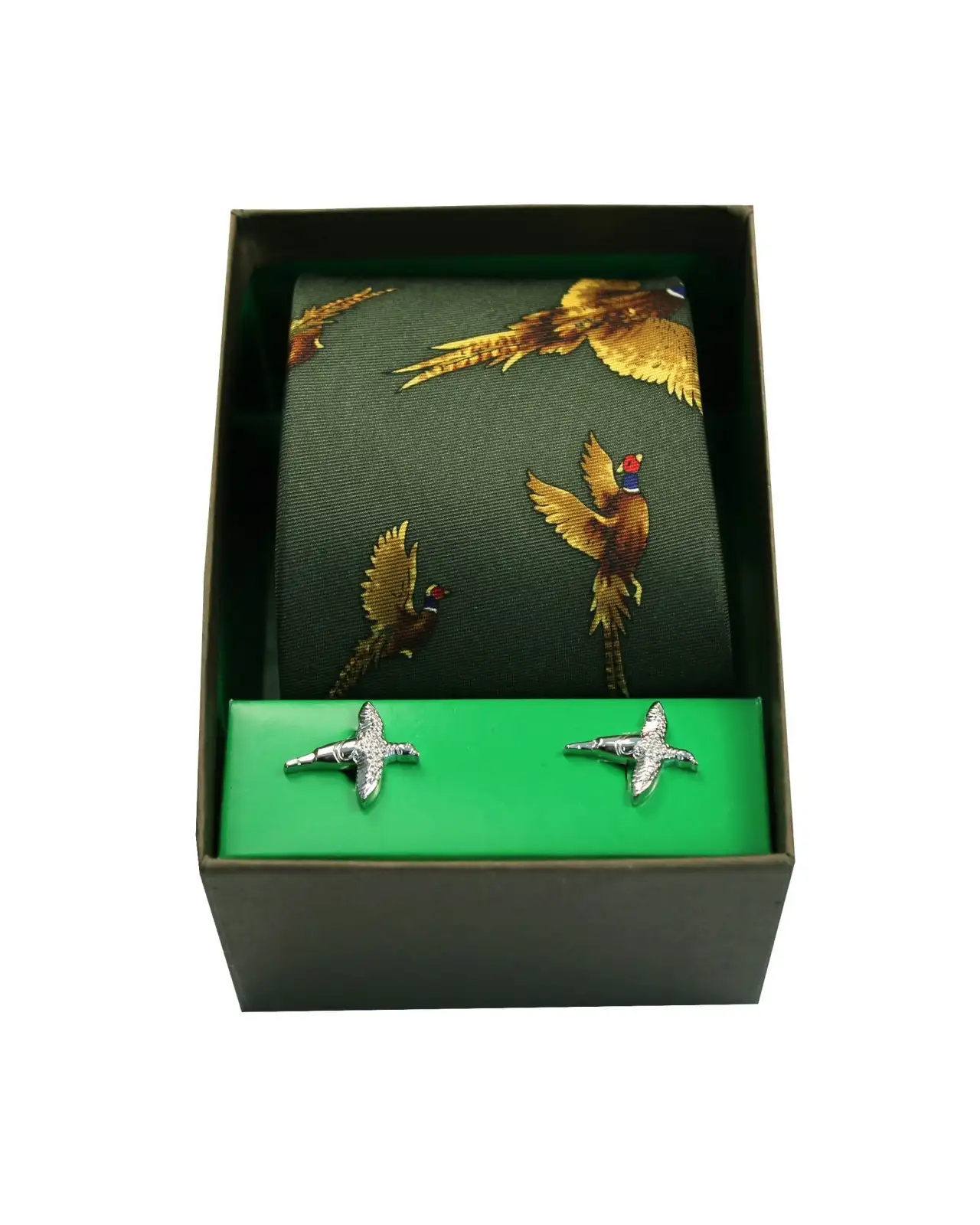 Cufflinks Soprano Ties Green Flying Pheasants Silk Tie and Cufflink Set £40.00