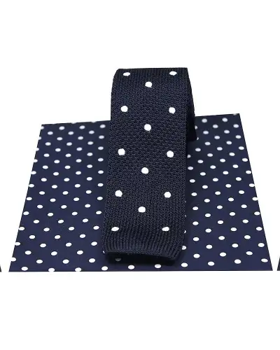 Soprano Navy Spot Thin Knitted Polyester Tie With Silk Spot Hanky | Soprano Ties ST TPS0538 Silk Hankie
